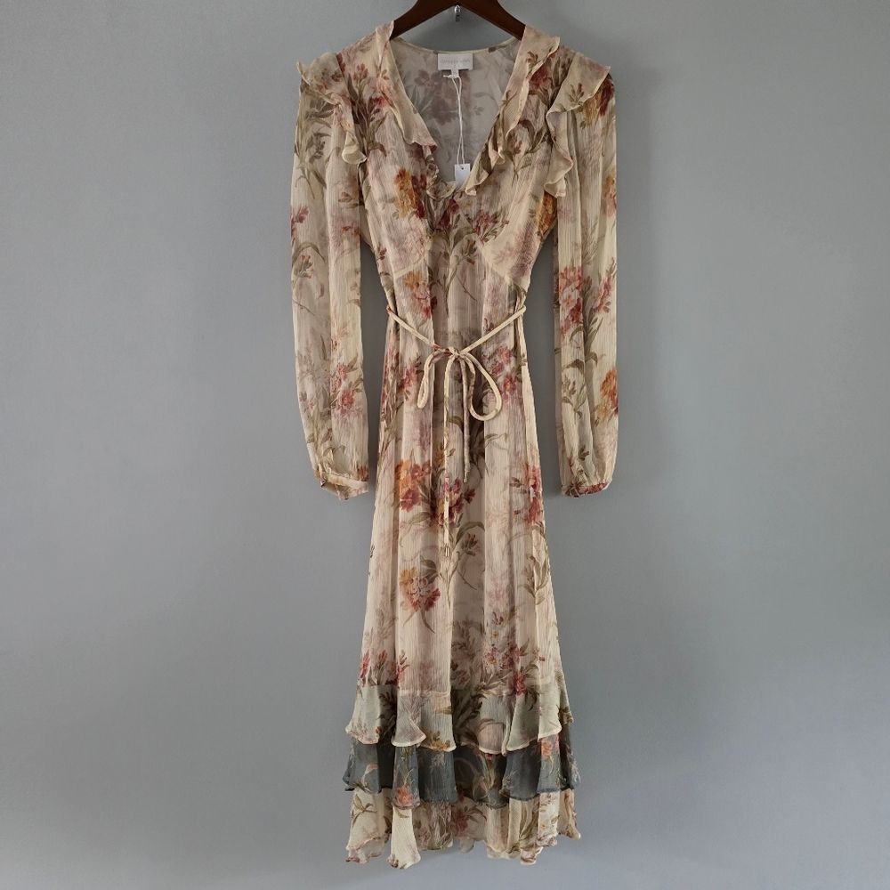 Christy Lynn Violet Midi Dress in Ivory Brocade Silk Crinkle Chiffon Size XS